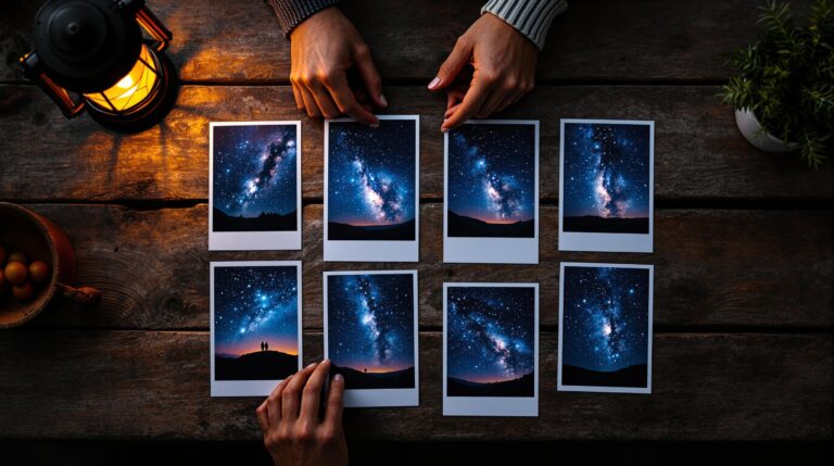 Two hands arranging ten night sky photos on a wooden table under soft lantern light, each print showing the Milky Way over unidentifiable landscapes.