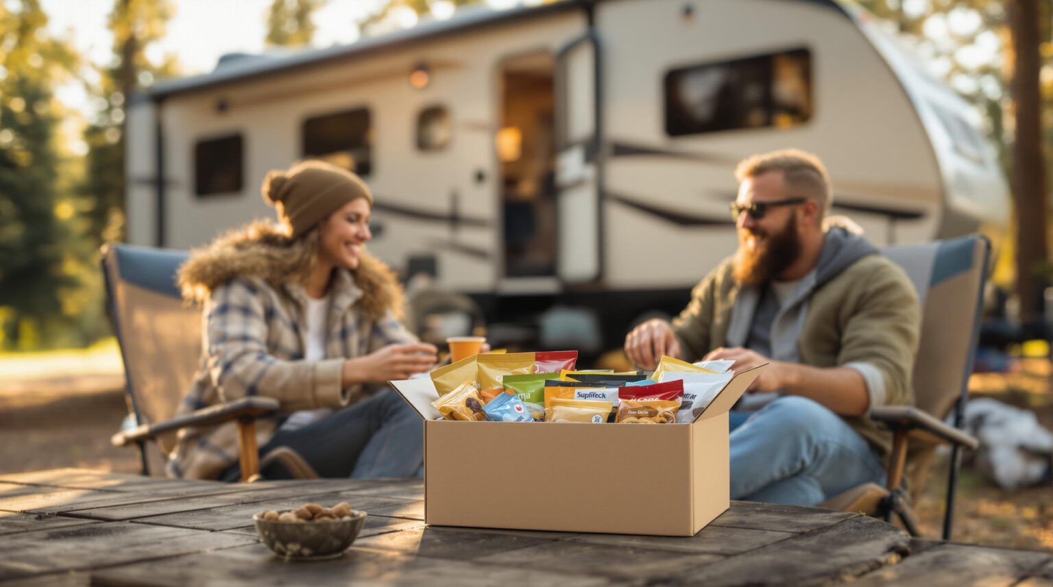 Two campers enjoying snacks from an open subscription box on a picnic table at a generic campsite with an RV and trees in the background.