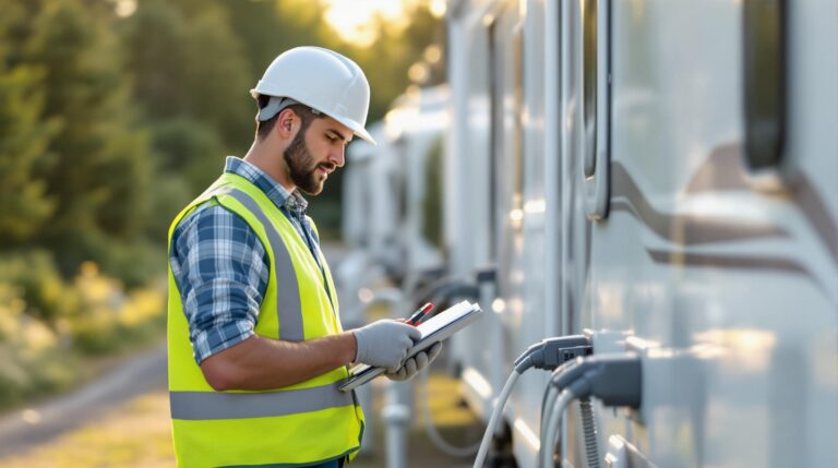 Campground electrician in safety gear inspects power cable beside row of white RVs connected to electrical hookups, with soft sunlight and blurred trees in the background.
