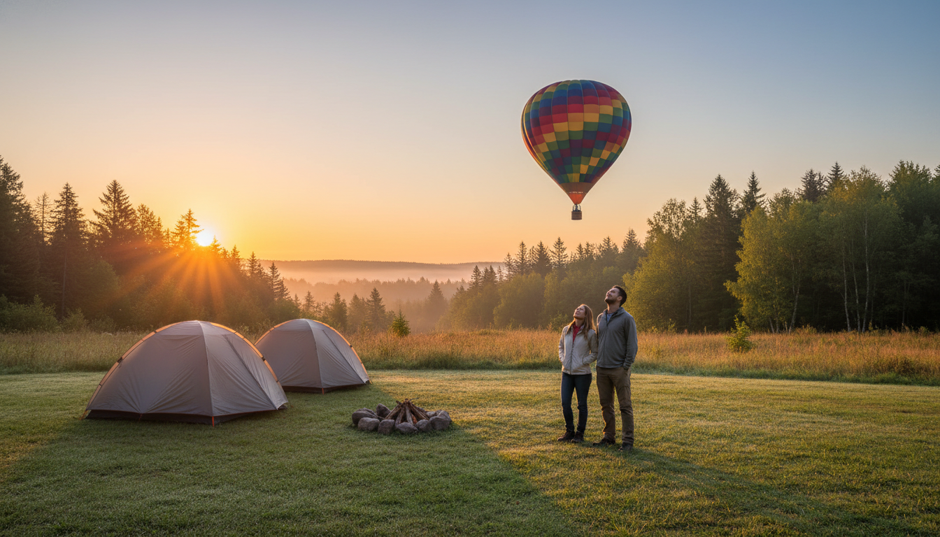 Campers watch a colorful hot air balloon rise at sunrise near tents in a misty, wooded campground.