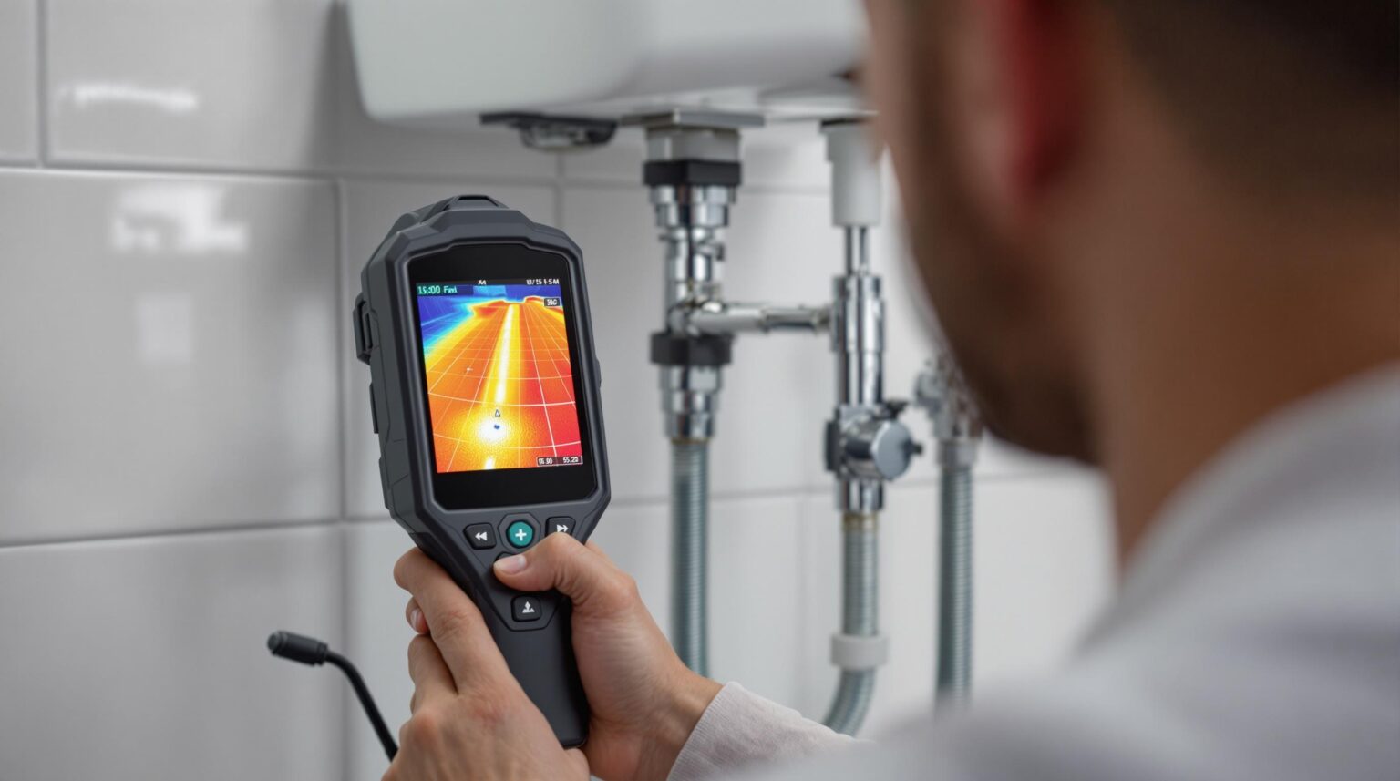 Maintenance technician using a thermal imaging camera to inspect water pipes under a sink in a clean, generic bathhouse, with heat map colors visible on the device’s screen.