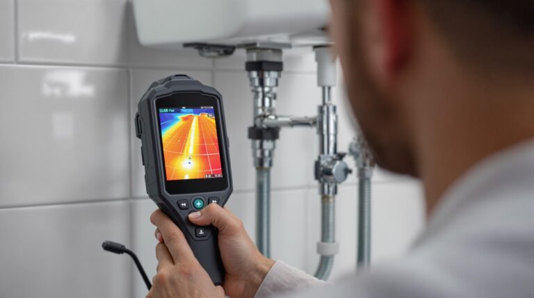 Maintenance technician using a thermal imaging camera to inspect water pipes under a sink in a clean, generic bathhouse, with heat map colors visible on the device’s screen.
