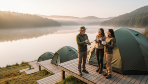 Campground owner shows pricing options to couple at terraced campsite with tents and sunrise over misty hills in the background