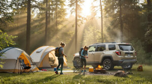 Trail runners preparing at a forest campsite at sunrise, stretching and lacing shoes near tents and a parked SUV, with mist and soft sunlight filtering through trees.
