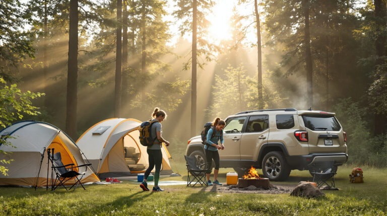 Trail runners preparing at a forest campsite at sunrise, stretching and lacing shoes near tents and a parked SUV, with mist and soft sunlight filtering through trees.