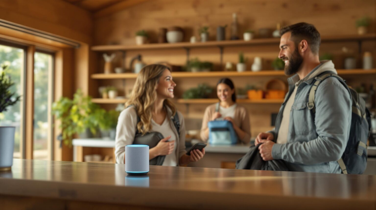 A couple checks in at a campground reception using a smart speaker on the counter, with a staff member smiling in the background and camping supplies on nearby shelves.