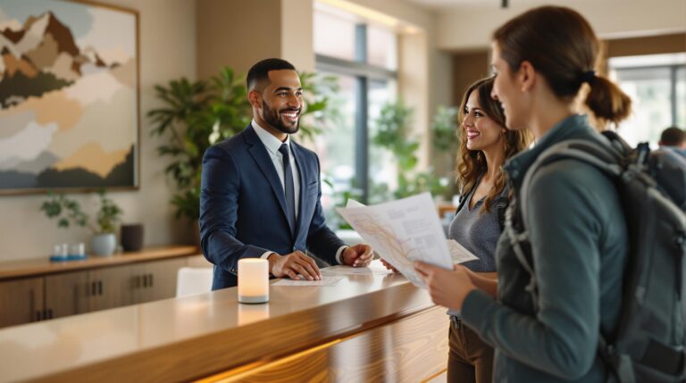 Hotel concierge showing a glowing voice assistant speaker to two guests in hiking attire at a modern, neutral hotel lobby counter with blurred background decor.