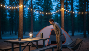 Camper activating outdoor smart lights with voice command at dusk in a pine forest campground, warm LED string lights illuminating tent and picnic area.