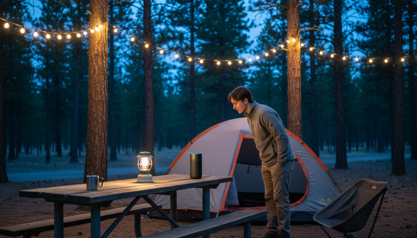 Camper activating outdoor smart lights with voice command at dusk in a pine forest campground, warm LED string lights illuminating tent and picnic area.