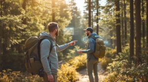 Two hikers wearing backpacks and wireless earbuds walk along a sunlit forest trail, interacting with floating AR navigation icons among trees.