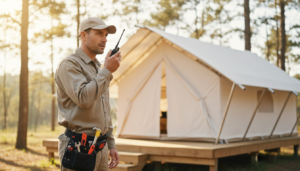 Outdoor hospitality maintenance worker in khaki uniform using a two-way radio beside a modern glamping tent, tool belt visible, with pine trees and warm sunlight in the background.