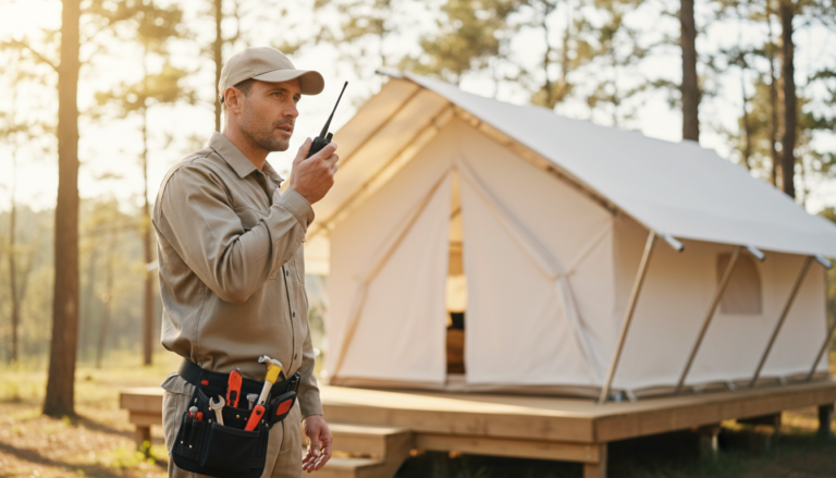 Outdoor hospitality maintenance worker in khaki uniform using a two-way radio beside a modern glamping tent, tool belt visible, with pine trees and warm sunlight in the background.