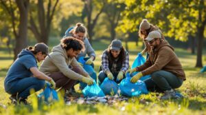 Diverse group of adults gathering litter in blue bags during a park clean-up day, surrounded by grass and trees under warm sunlight.