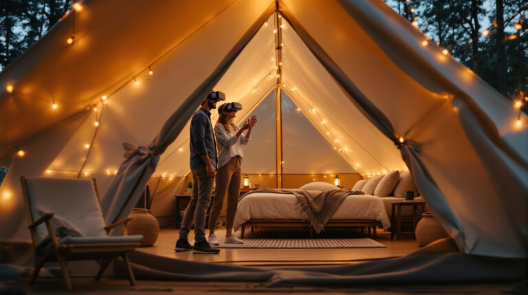 Couple wearing VR headsets stands at entrance of luxury glamping tent illuminated by string lights, with cozy bedding and soft dusk lighting in a generic outdoor setting.