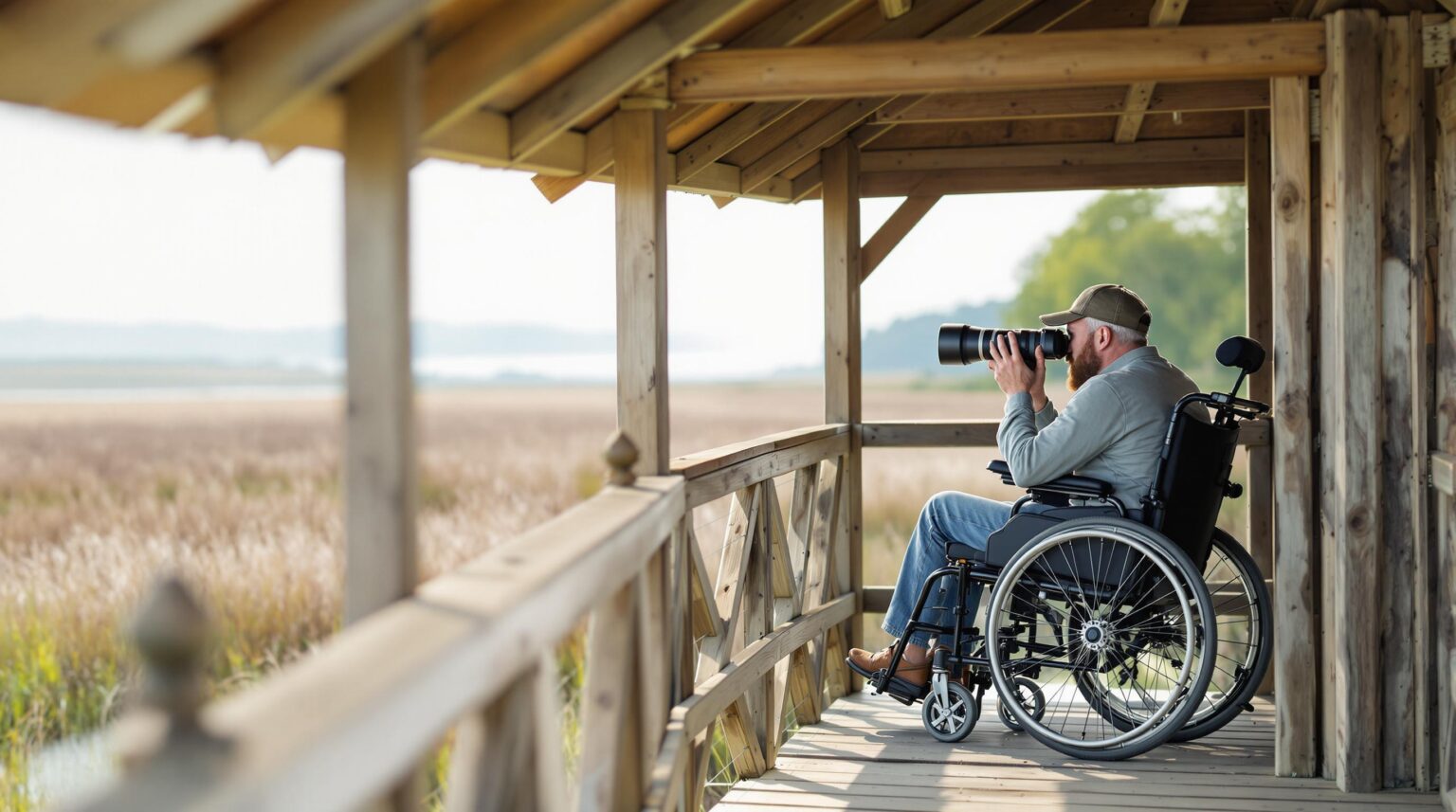 Photographer in wheelchair using camera inside accessible wildlife blind with wooden ramp, surrounded by reeds and soft-focus nature background under bright sky.