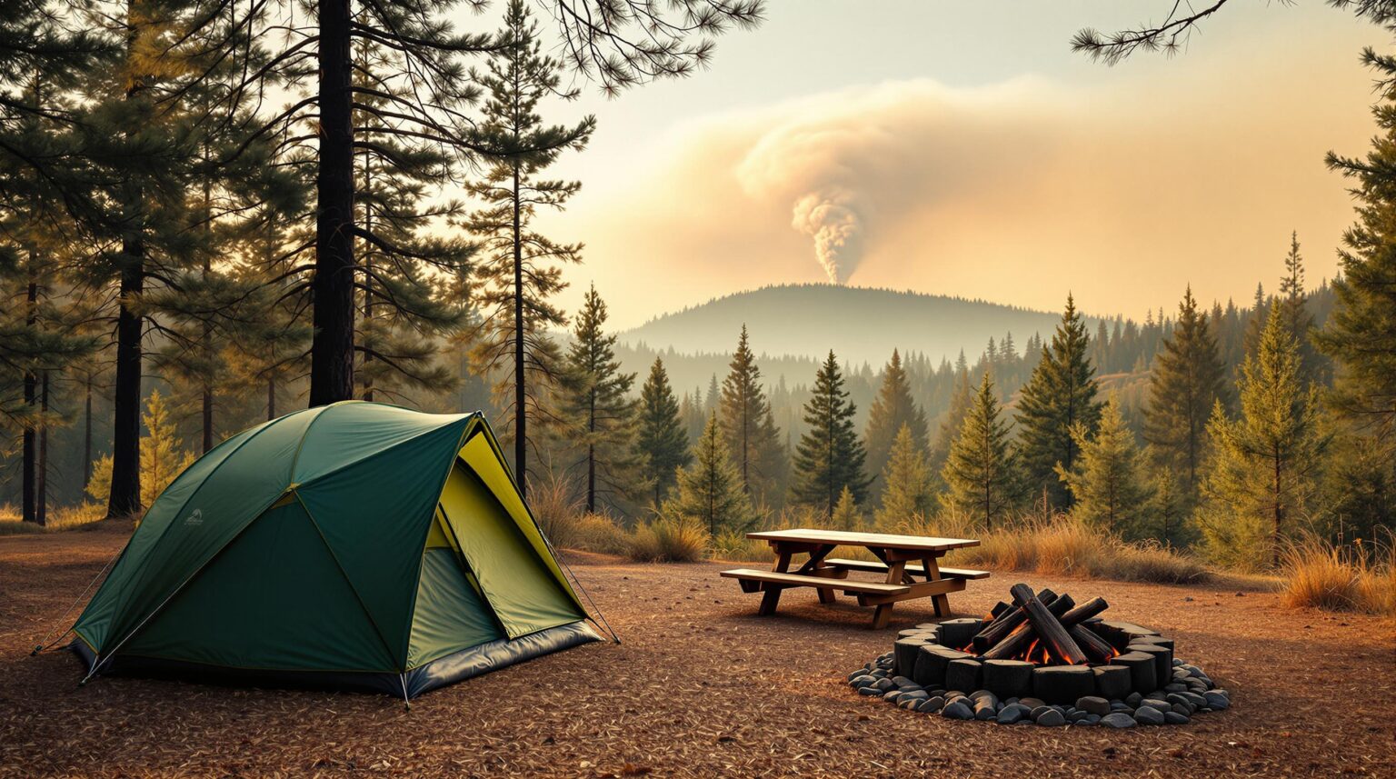 A green tent and picnic table sit in a pine forest campground with a faint column of wildfire smoke rising in the distant background under an orange-tinted sky.