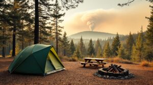A green tent and picnic table sit in a pine forest campground with a faint column of wildfire smoke rising in the distant background under an orange-tinted sky.