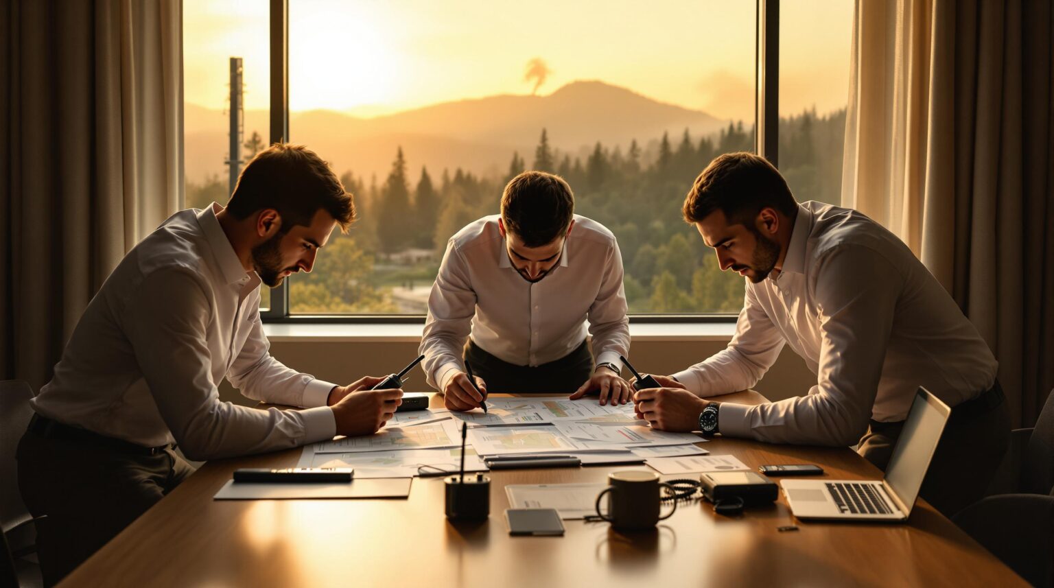 Three hotel managers in a meeting room review emergency plans and radios at a table, with a window showing distant wildfire smoke over a forested ridge, illustrating crisis preparedness.