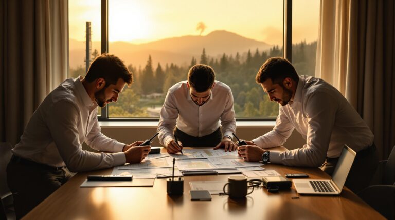 Three hotel managers in a meeting room review emergency plans and radios at a table, with a window showing distant wildfire smoke over a forested ridge, illustrating crisis preparedness.