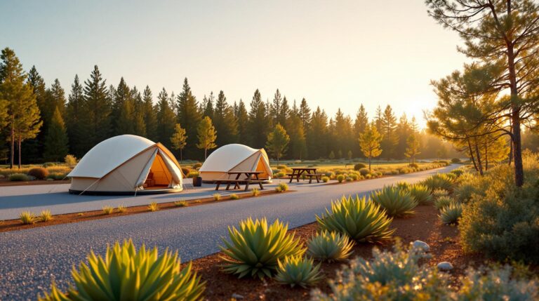 Wildfire-resistant landscape buffer with gravel strip and fire-resistant plants in front of tents at a generic campground, under a clear morning sky.