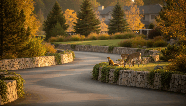 Low-profile acoustic barriers line a quiet resort road, with deer and a fox standing nearby on grass, framed by trees and soft sunlight, illustrating wildlife protection measures.