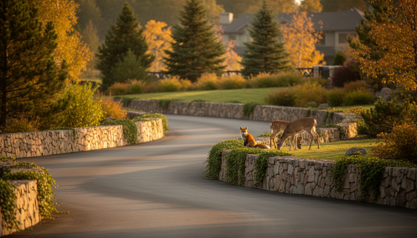 Low-profile acoustic barriers line a quiet resort road, with deer and a fox standing nearby on grass, framed by trees and soft sunlight, illustrating wildlife protection measures.