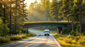 Three deer cross a grassy wildlife bridge over a country road, with a camper van and trailer passing safely underneath in a sunlit, forested setting.