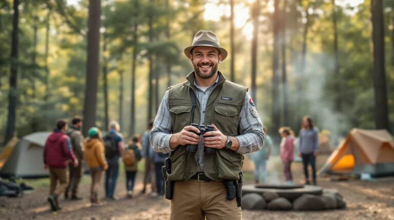 A wildlife guide in a green vest holds binoculars and gestures while leading a small, diverse group of campers through a generic forested campground with tents and a campfire ring in the soft morning light.