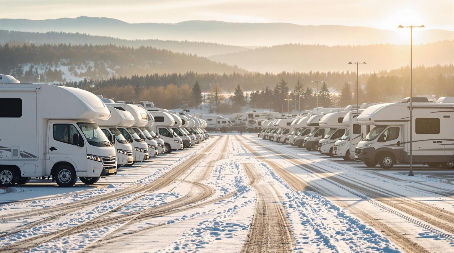 Snow-covered overflow parking lot with several modern RVs parked in a neat row under soft morning sunlight, distant trees and hills blurred in the background.