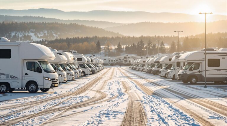 Snow-covered overflow parking lot with several modern RVs parked in a neat row under soft morning sunlight, distant trees and hills blurred in the background.