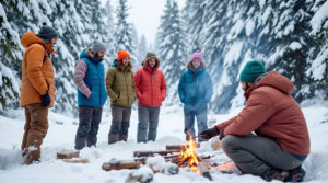 A group of adults in colorful winter clothing watch an instructor demonstrate how to start a campfire in a snowy forest clearing during a survival skills workshop.