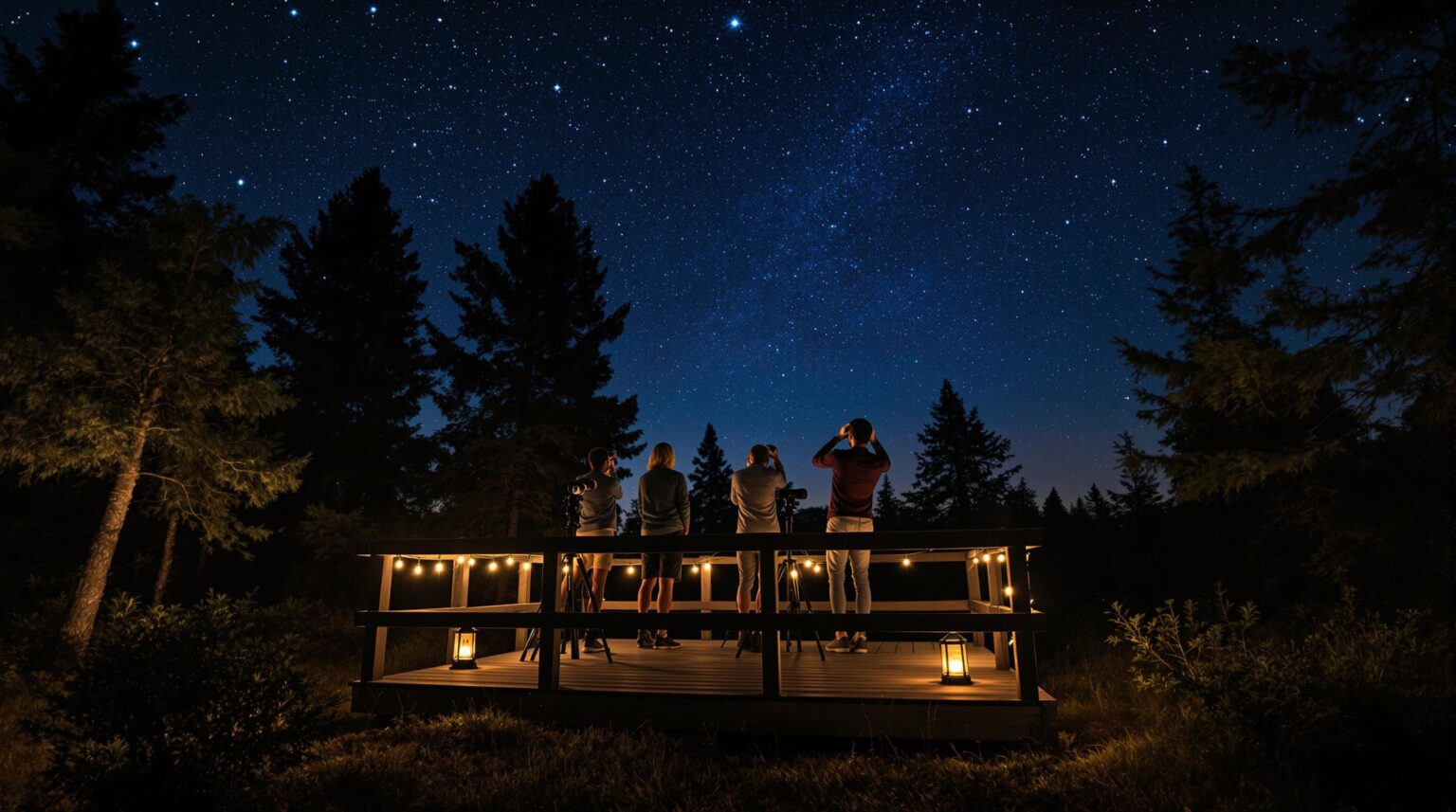 People stargazing from a wooden platform in a forest at night, using telescopes and binoculars under a star-filled sky with the Milky Way visible, surrounded by softly lit trees and lanterns.