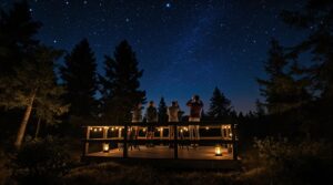 People stargazing from a wooden platform in a forest at night, using telescopes and binoculars under a star-filled sky with the Milky Way visible, surrounded by softly lit trees and lanterns.