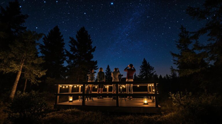 People stargazing from a wooden platform in a forest at night, using telescopes and binoculars under a star-filled sky with the Milky Way visible, surrounded by softly lit trees and lanterns.