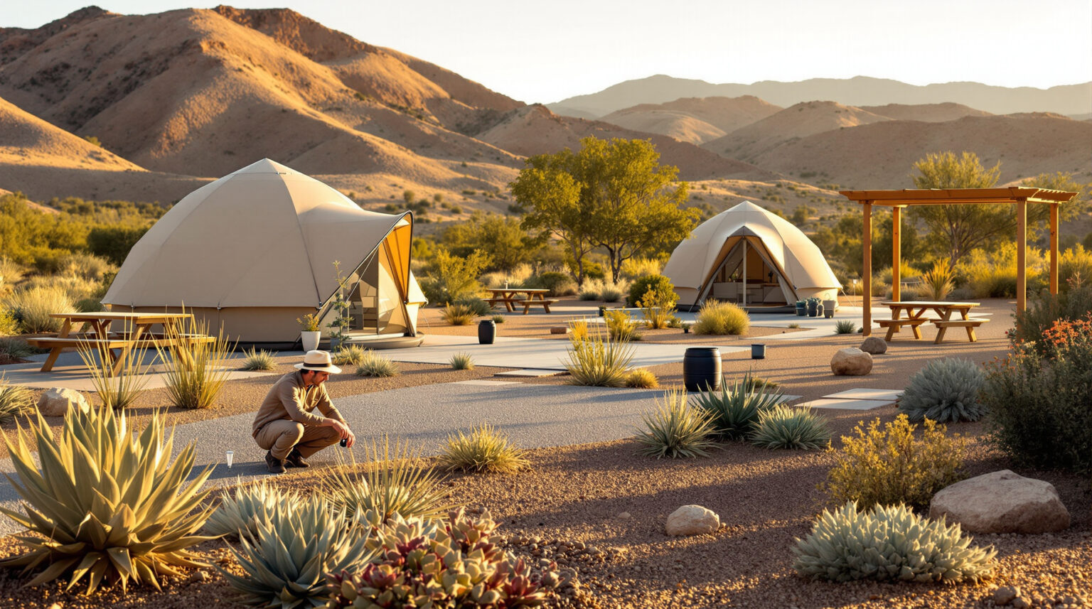 Camper adjusts drip irrigation among desert plants at a xeriscaped campground with tents, gravel paths, and drought-tolerant landscaping under warm afternoon light.