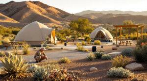 Camper adjusts drip irrigation among desert plants at a xeriscaped campground with tents, gravel paths, and drought-tolerant landscaping under warm afternoon light.