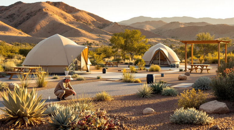 Camper adjusts drip irrigation among desert plants at a xeriscaped campground with tents, gravel paths, and drought-tolerant landscaping under warm afternoon light.