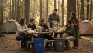 Group of diverse campers sorting waste and reusable containers at a forest campsite, participating in a zero-waste challenge with compost bins and recycling in the morning sunlight.