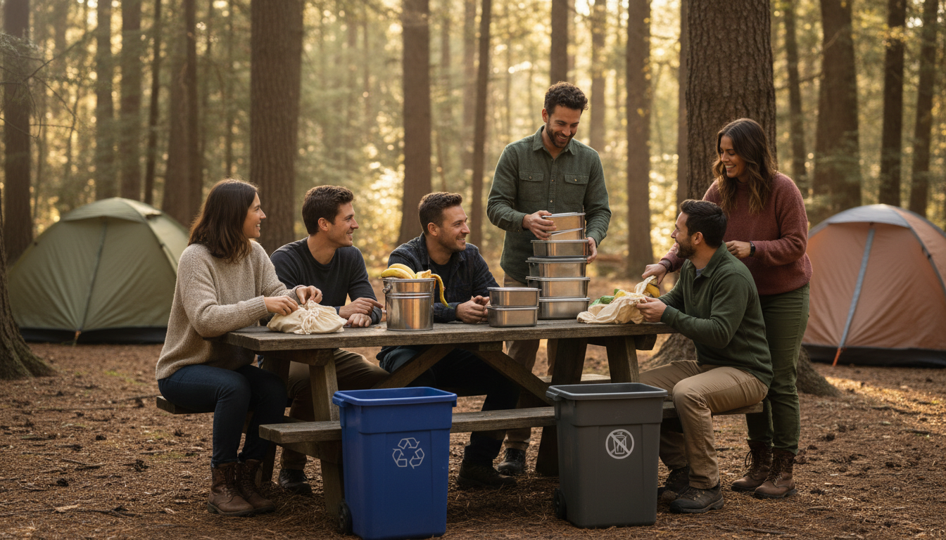 Group of diverse campers sorting waste and reusable containers at a forest campsite, participating in a zero-waste challenge with compost bins and recycling in the morning sunlight.