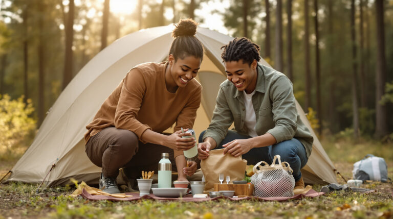 Two young campers display eco-friendly zero-waste camping kit items including stainless steel bottle, bamboo cutlery, and reusable containers on a forest clearing near a tent, with soft sunlight and blurred trees in the background.