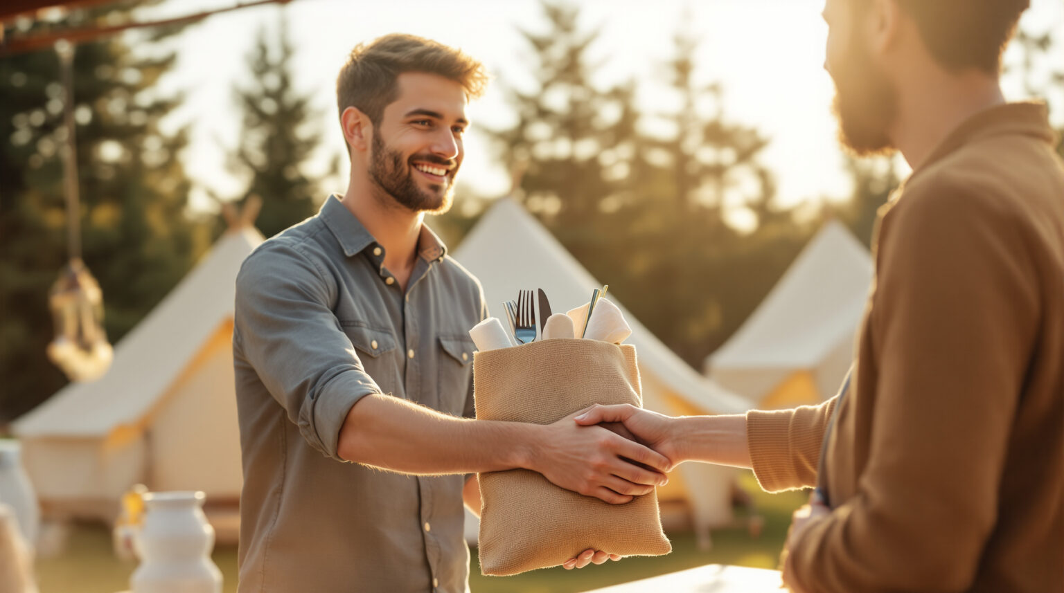 A campsite host hands a burlap zero-waste welcome kit with bamboo cutlery and a cloth napkin to two arriving glampers at an outdoor check-in desk, with canvas tents and evergreen trees softly blurred in the background.