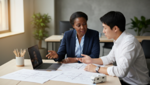 Two professionals collaborating over campground blueprints and a model RV during a video mentorship session in a modern coworking space, with natural light and a casual, focused atmosphere.